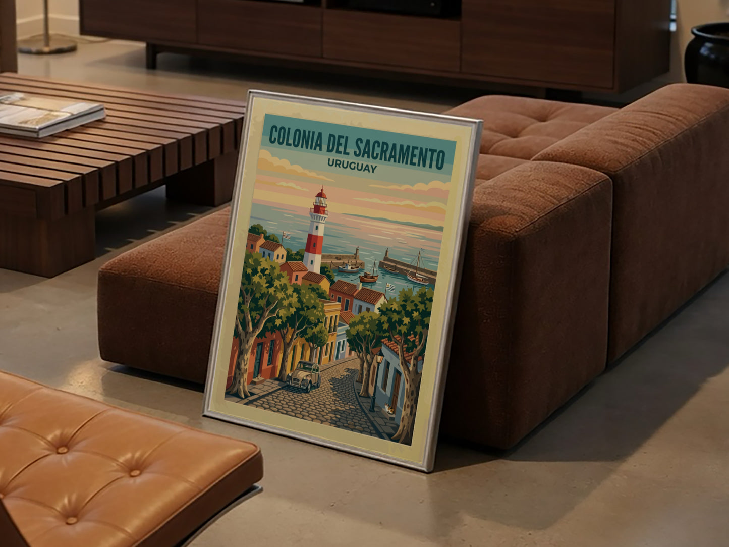 Travel poster of Colonia del Sacramento with a lighthouse, cobblestone street, and harbor.