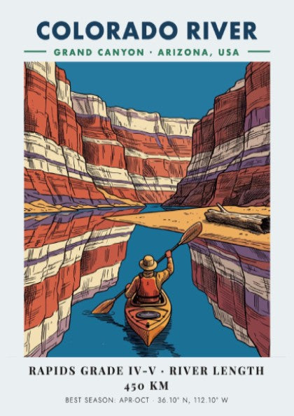 Poster of a kayaker on the Colorado River surrounded by colorful Grand Canyon cliffs.