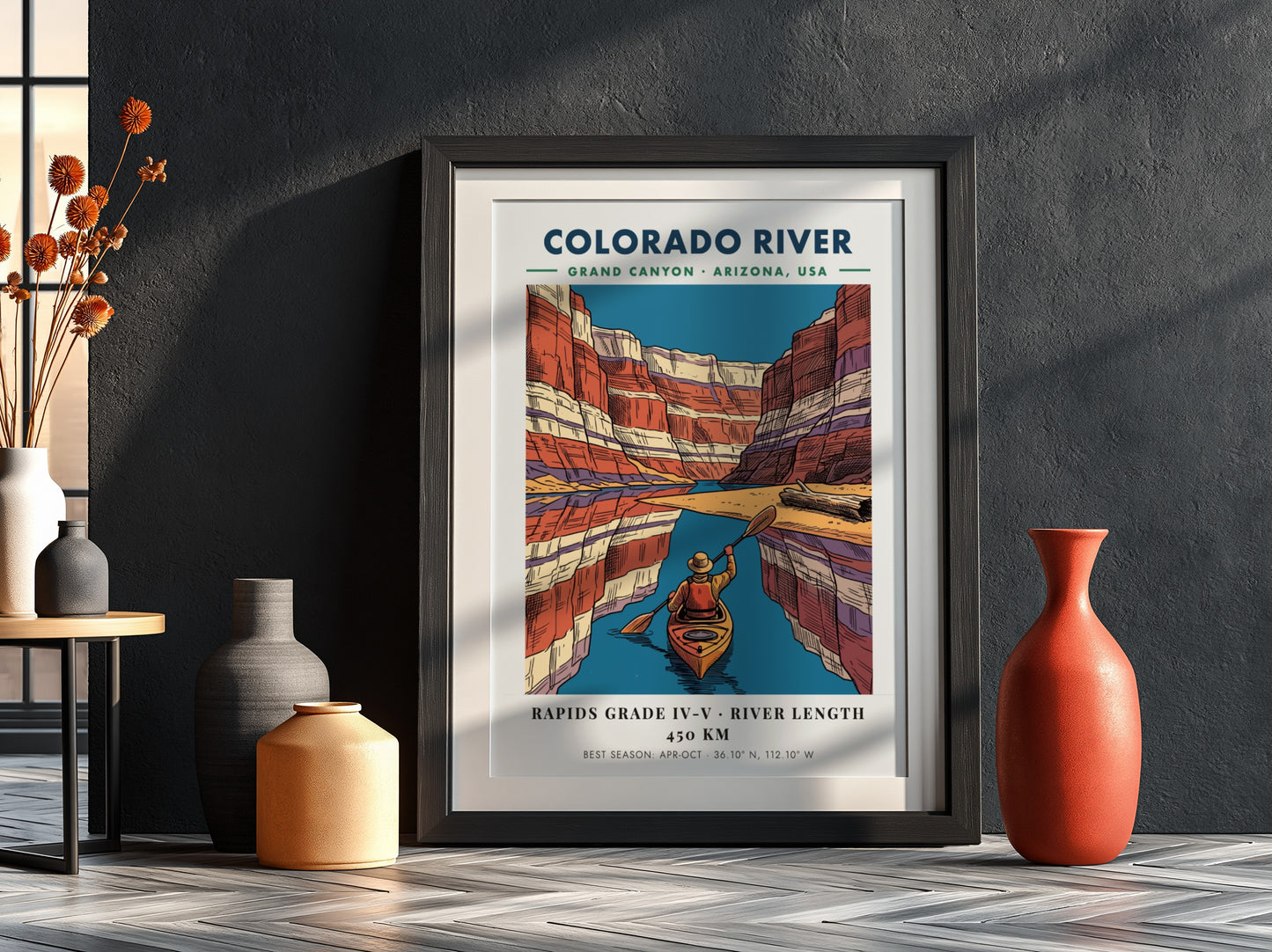 Poster of a kayaker on the Colorado River surrounded by colorful Grand Canyon cliffs.