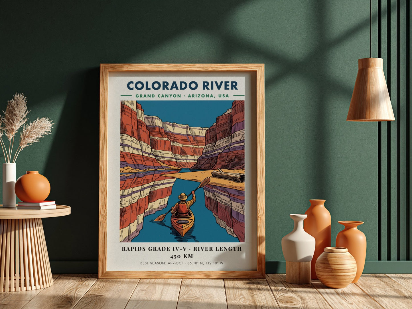 Poster of a kayaker on the Colorado River surrounded by colorful Grand Canyon cliffs.