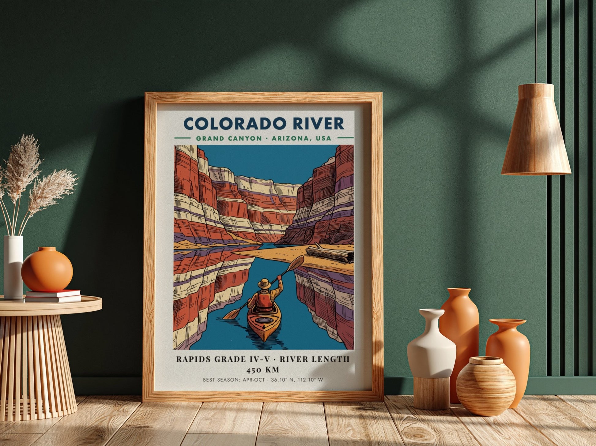Poster of a kayaker on the Colorado River surrounded by colorful Grand Canyon cliffs.