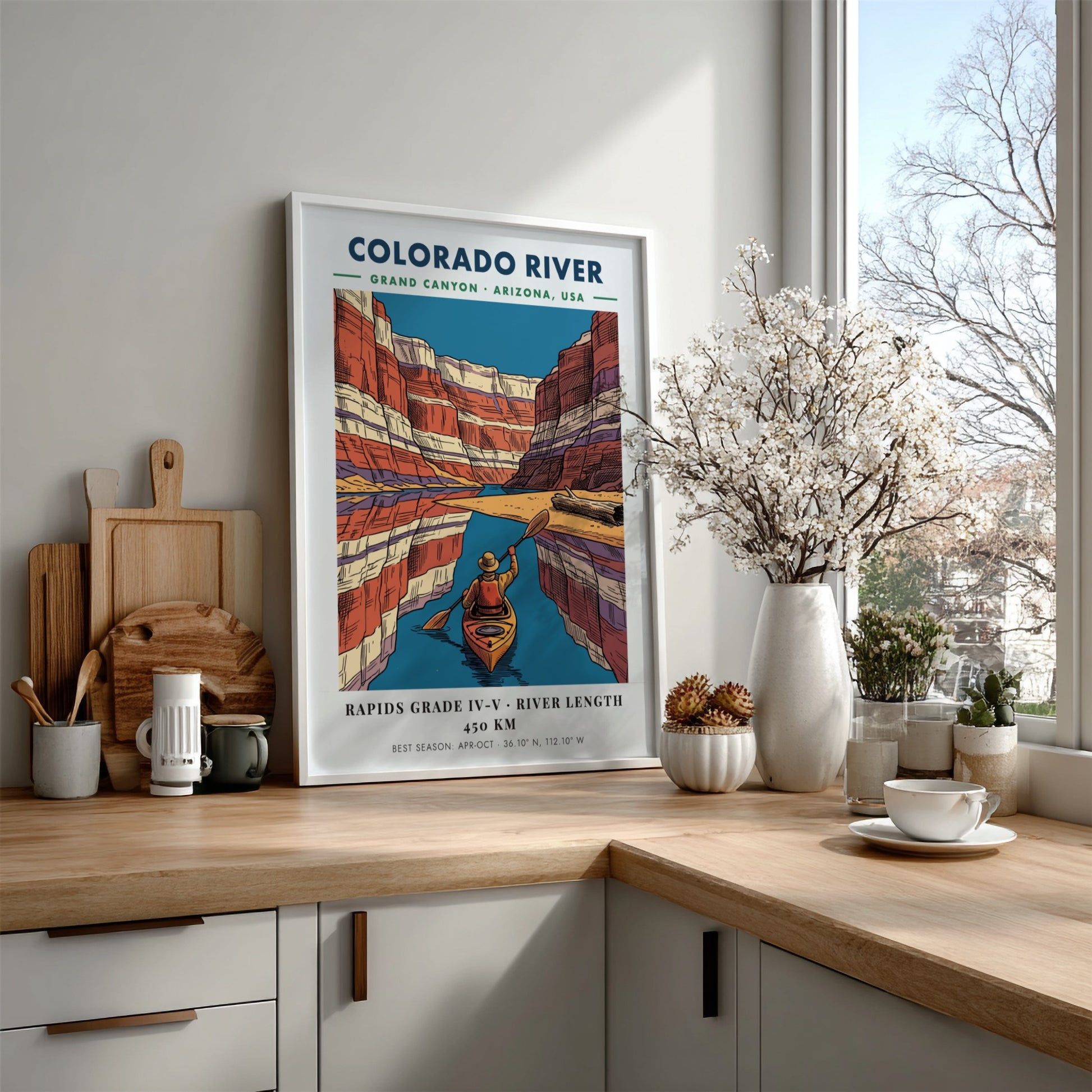 Poster of a kayaker on the Colorado River surrounded by colorful Grand Canyon cliffs.