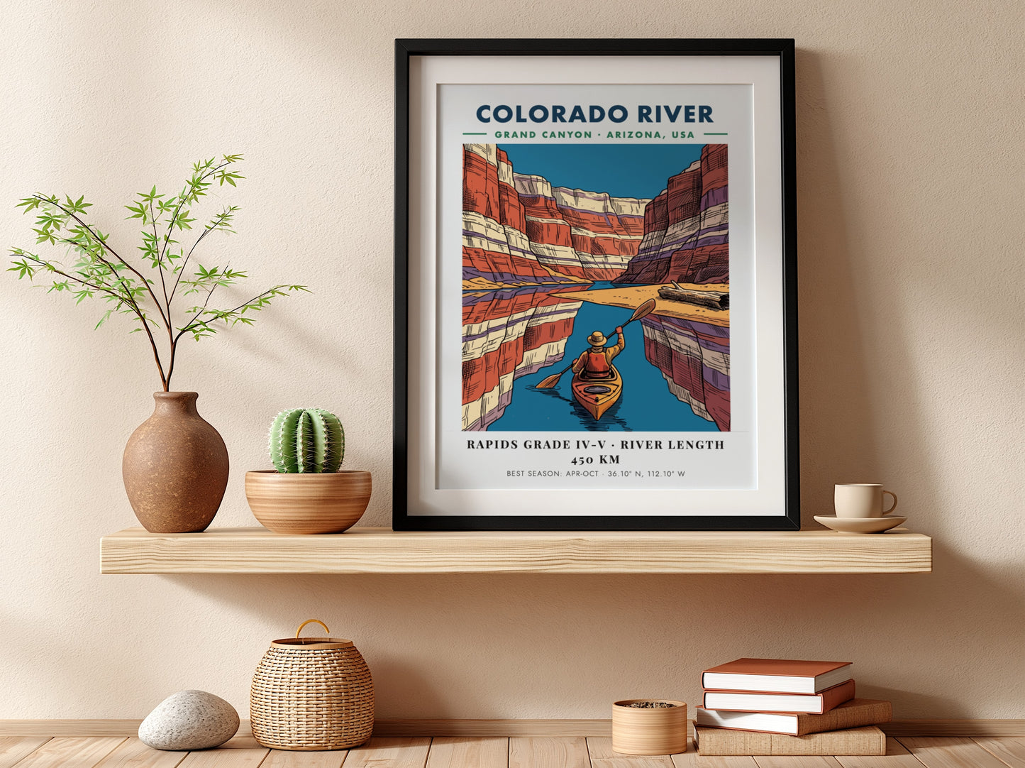 Poster of a kayaker on the Colorado River surrounded by colorful Grand Canyon cliffs.