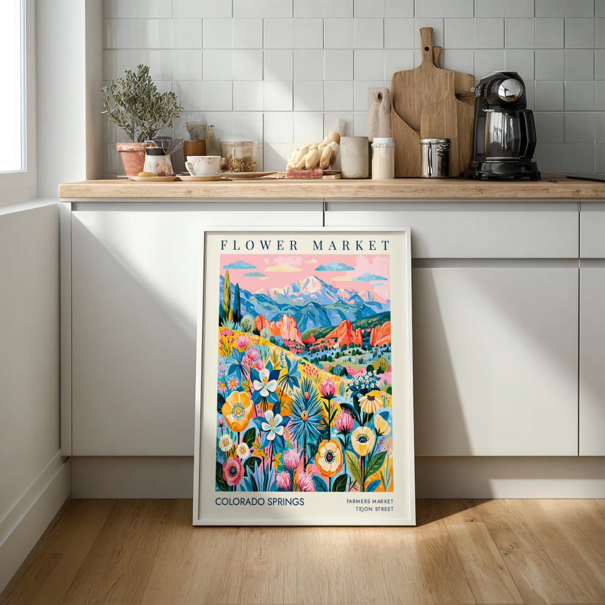 Colorado Springs flower market poster featuring vibrant flowers and mountains in a colorful design