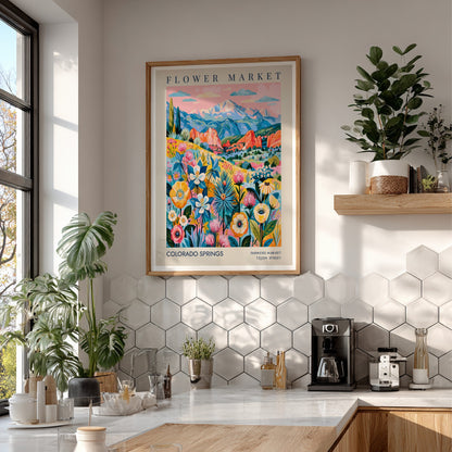 Colorado Springs flower market poster featuring vibrant flowers and mountains in a colorful design