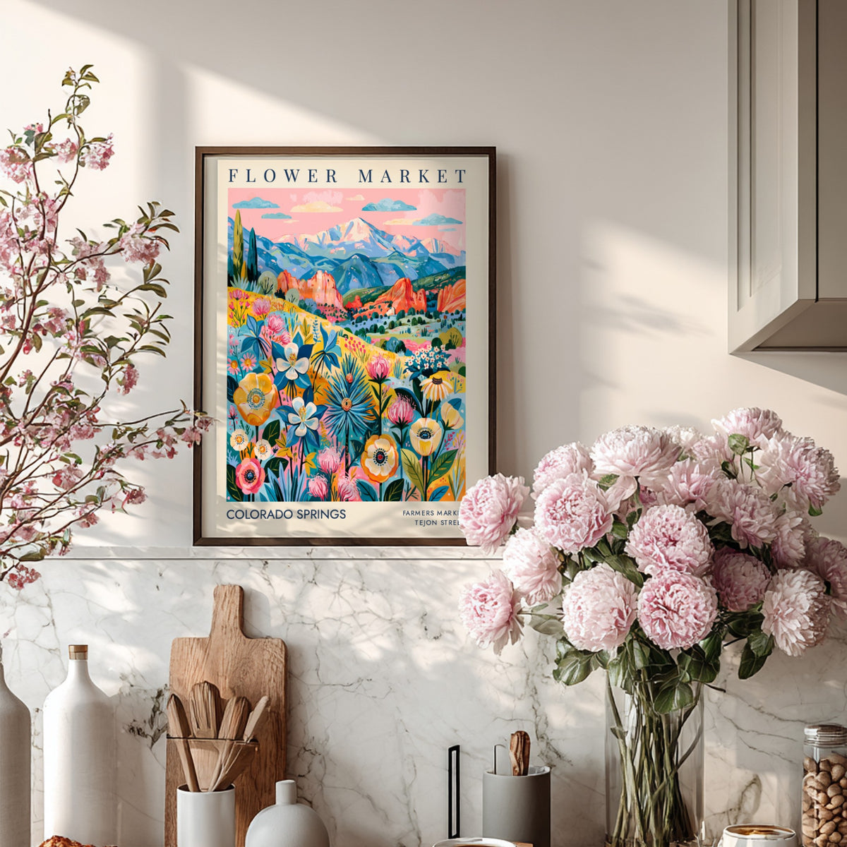 Colorado Springs flower market poster featuring vibrant flowers and mountains in a colorful design