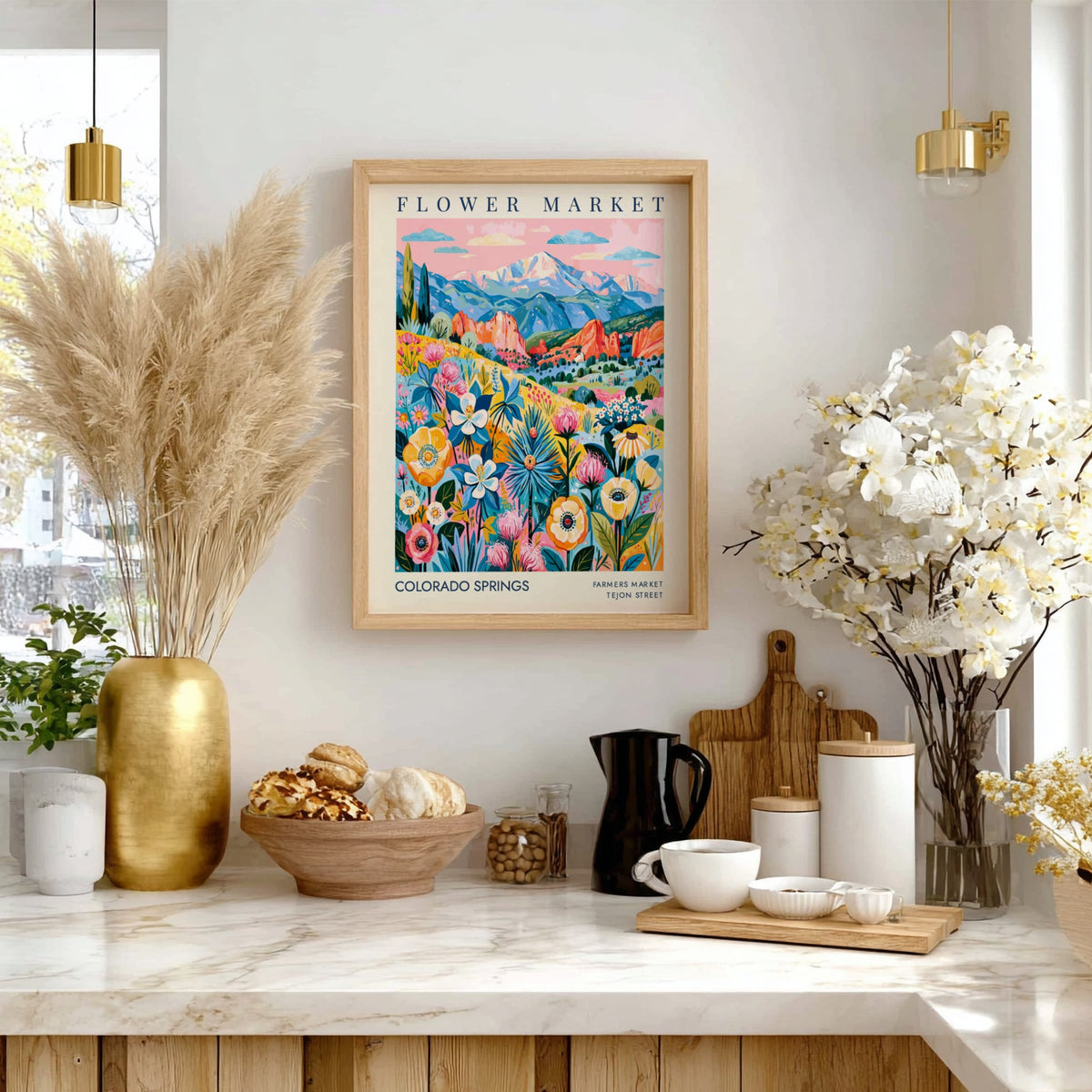 Colorado Springs flower market poster featuring vibrant flowers and mountains in a colorful design