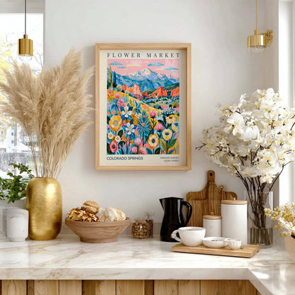 Colorado Springs flower market poster featuring vibrant flowers and mountains in a colorful design