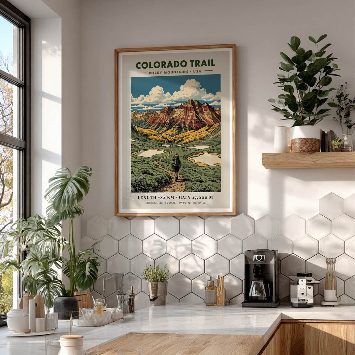 Poster of a hiker on the Colorado Trail with Rocky Mountains and clouds.