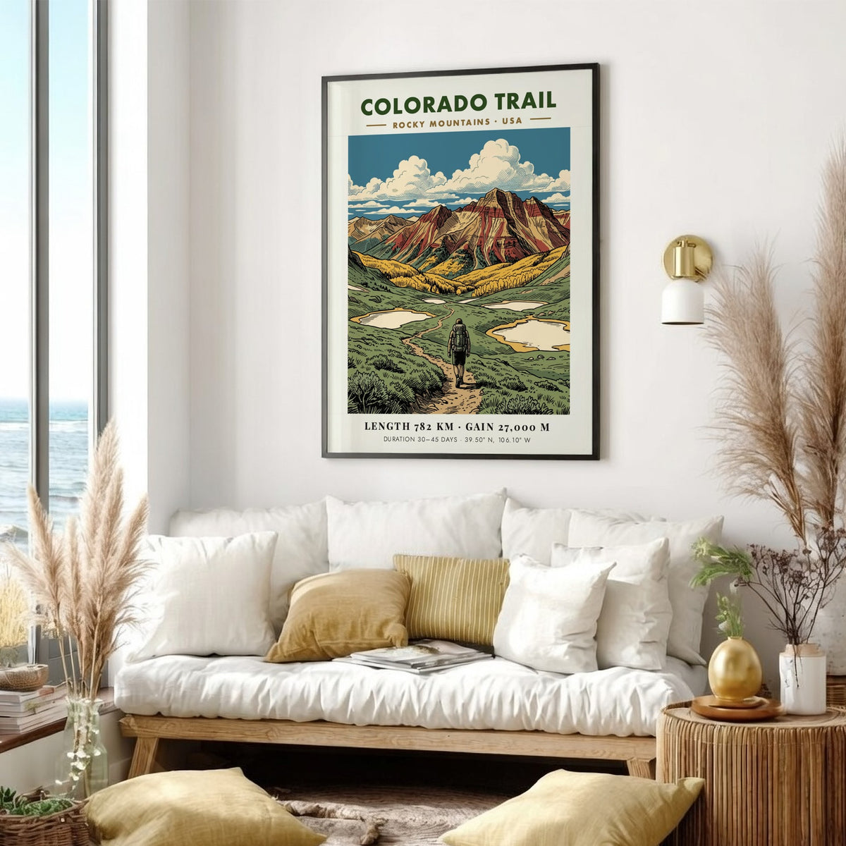 Poster of a hiker on the Colorado Trail with Rocky Mountains and clouds.