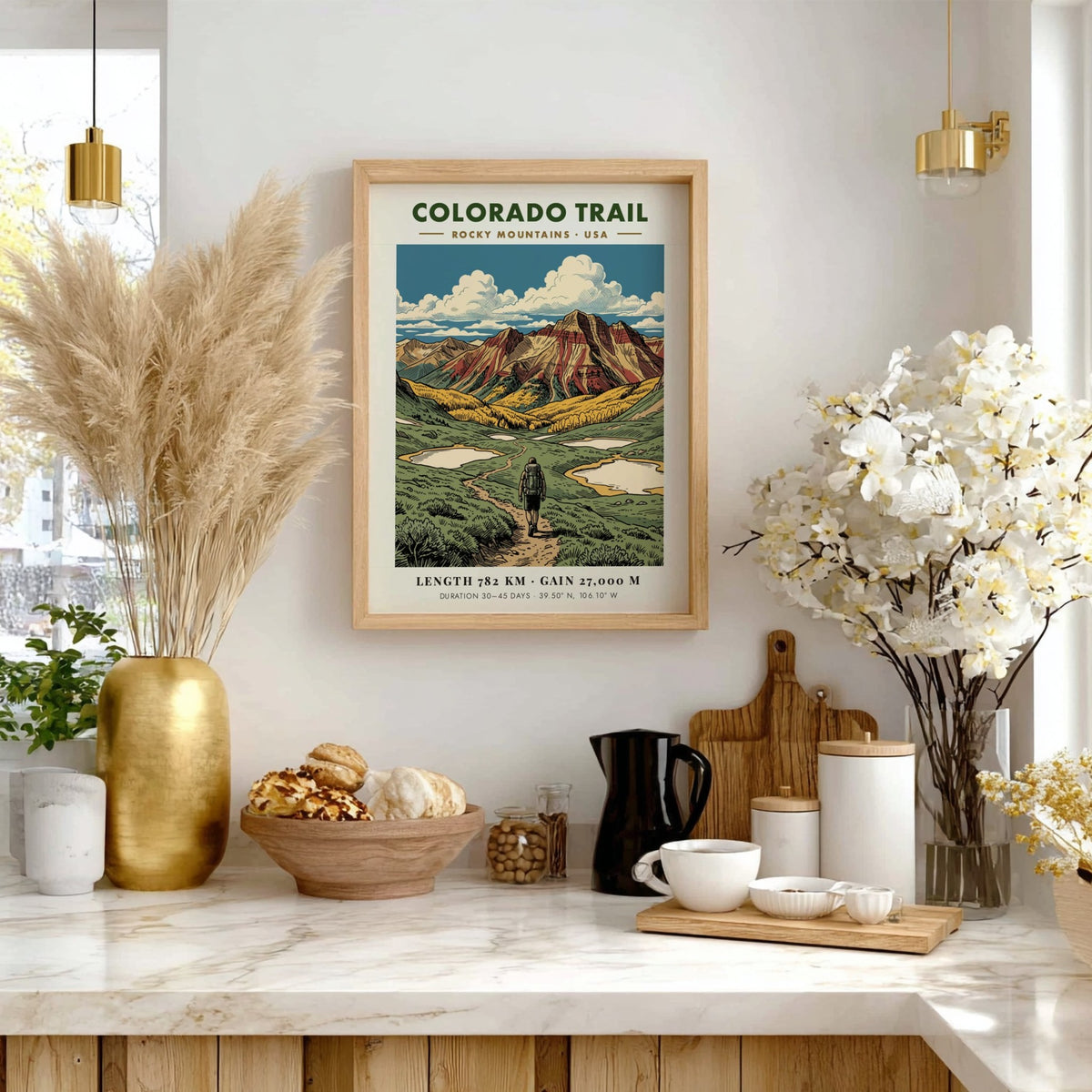 Poster of a hiker on the Colorado Trail with Rocky Mountains and clouds.