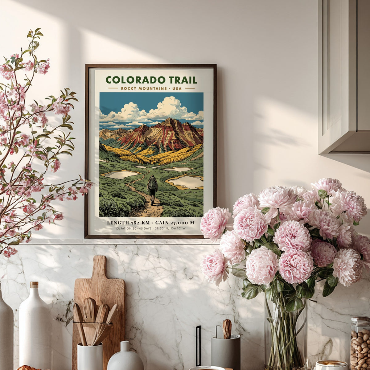 Poster of a hiker on the Colorado Trail with Rocky Mountains and clouds.