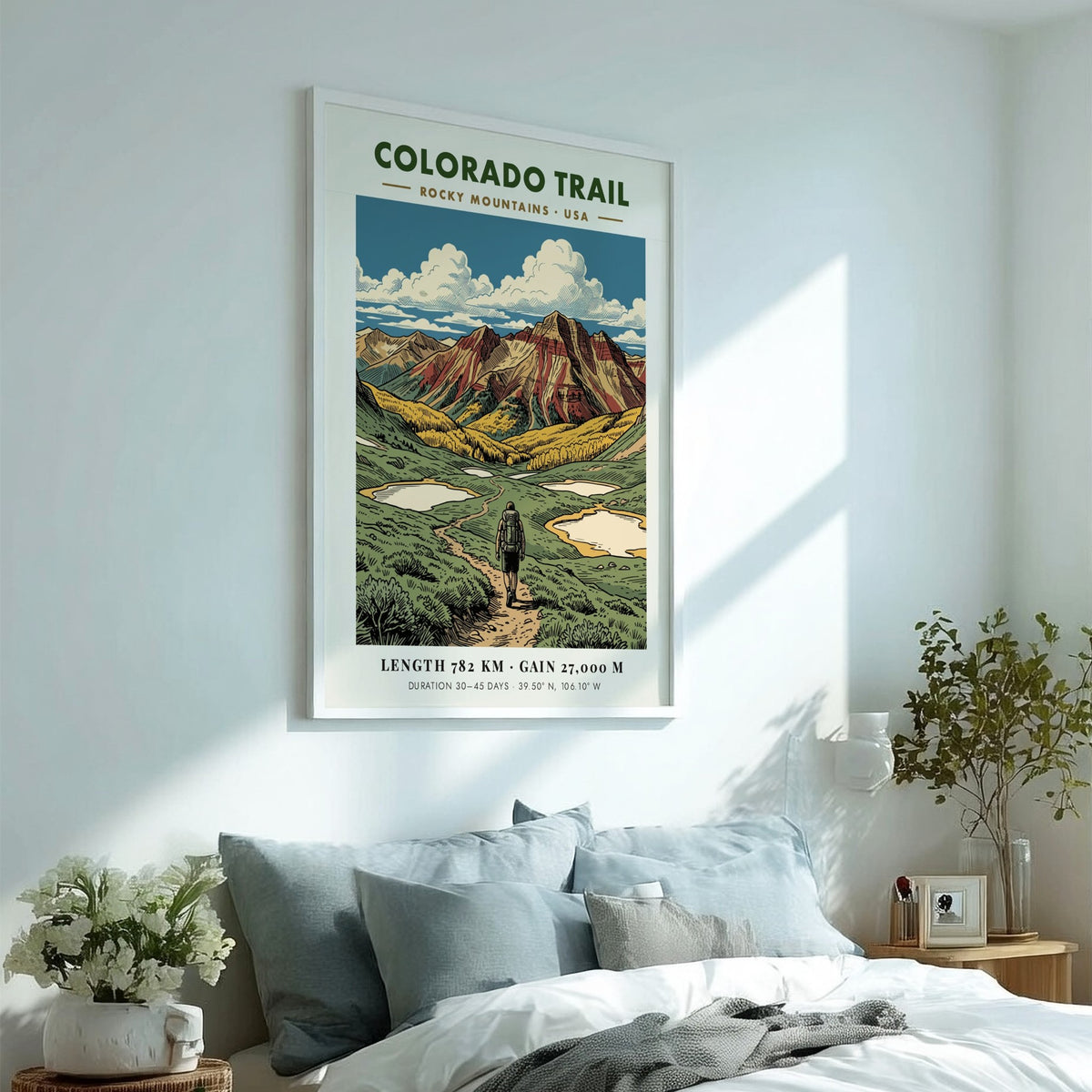 Poster of a hiker on the Colorado Trail with Rocky Mountains and clouds.