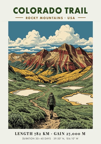 Poster of a hiker on the Colorado Trail with Rocky Mountains and clouds.
