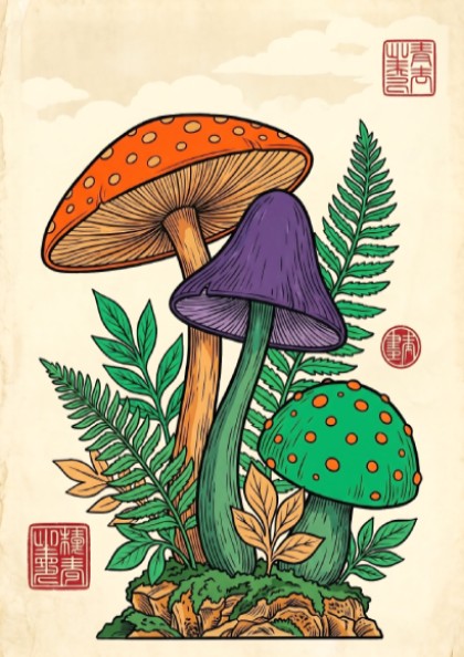Japanese art style poster featuring colorful mushrooms in vibrant hues