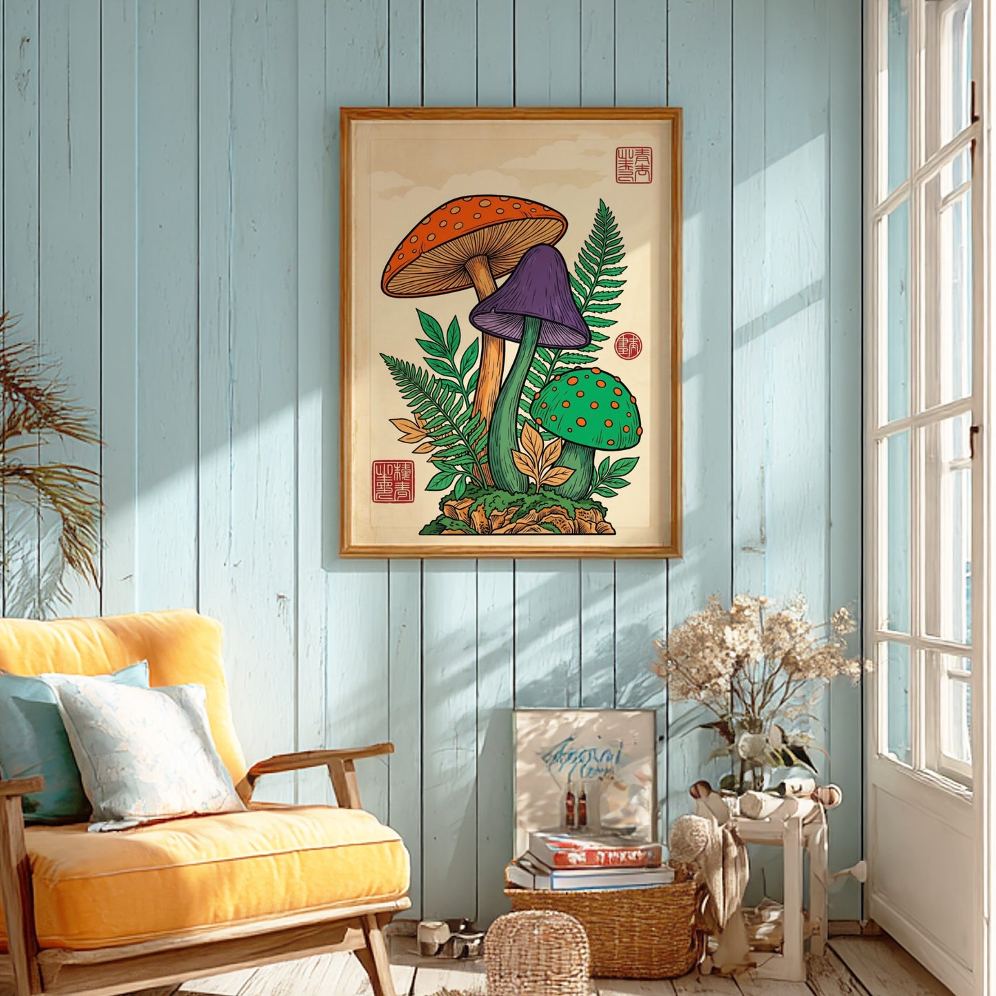 Japanese art style poster featuring colorful mushrooms in vibrant hues