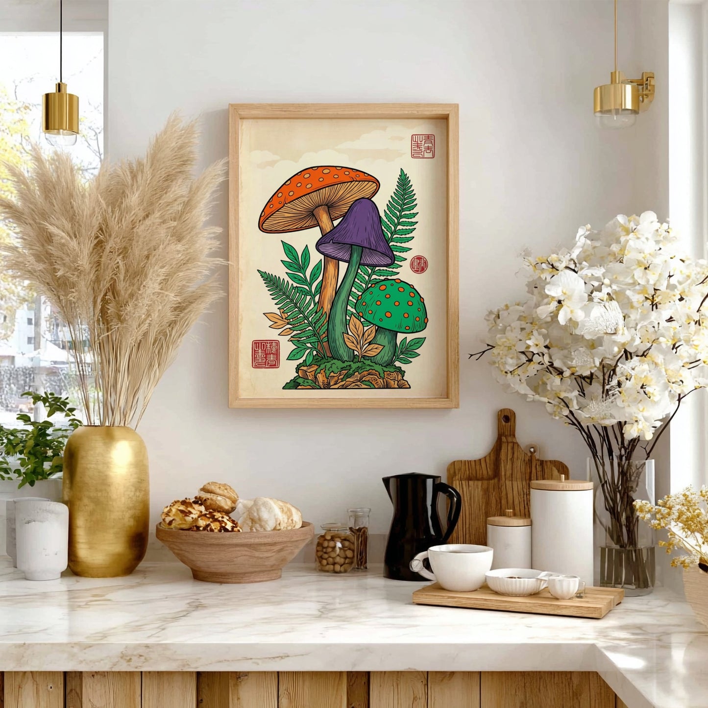 Japanese art style poster featuring colorful mushrooms in vibrant hues