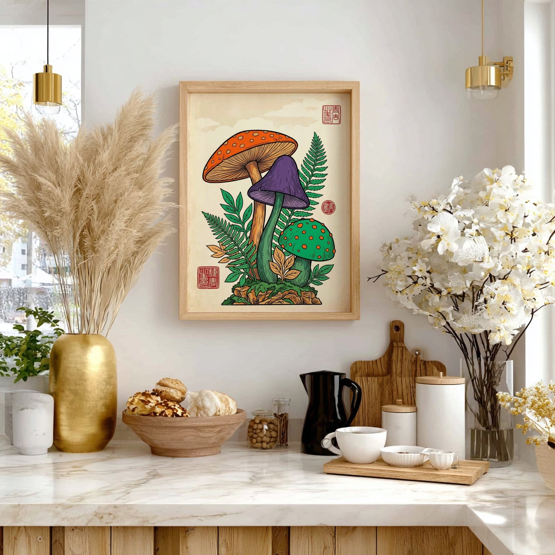 Japanese art style poster featuring colorful mushrooms in vibrant hues
