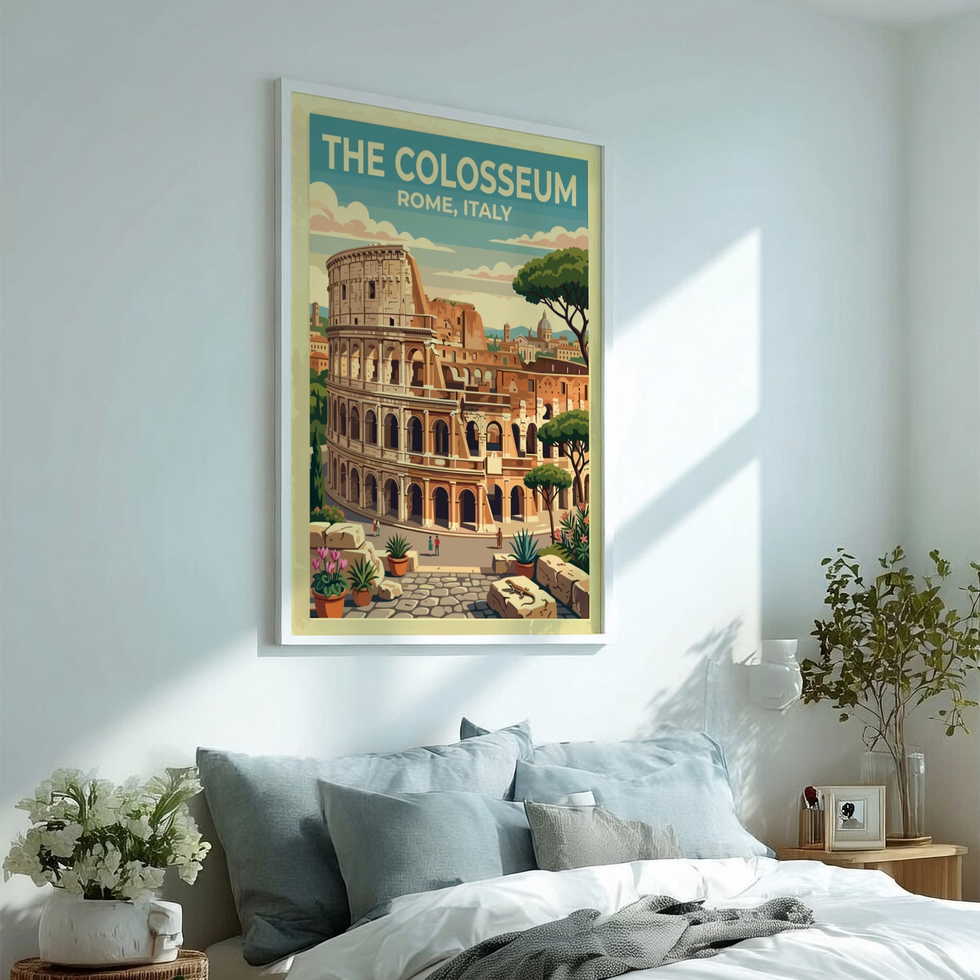 Colosseum Rome travel poster featuring vintage style and warm colors