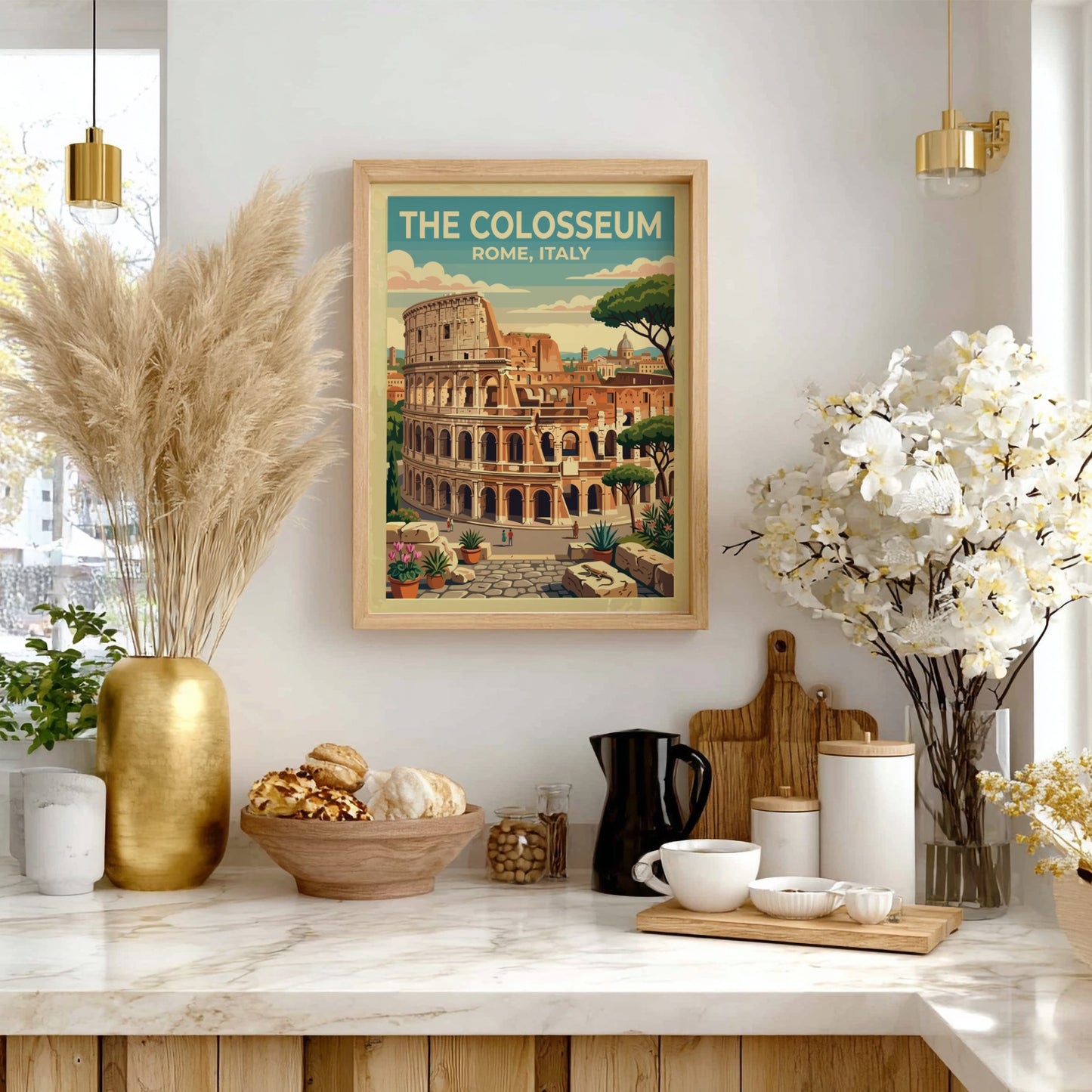 Colosseum Rome travel poster featuring vintage style and warm colors