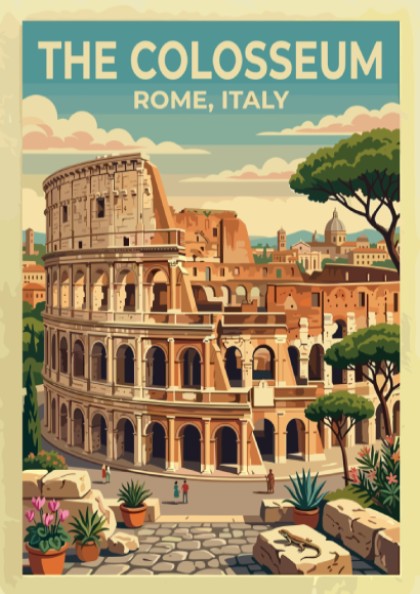Colosseum Rome travel poster featuring vintage style and warm colors