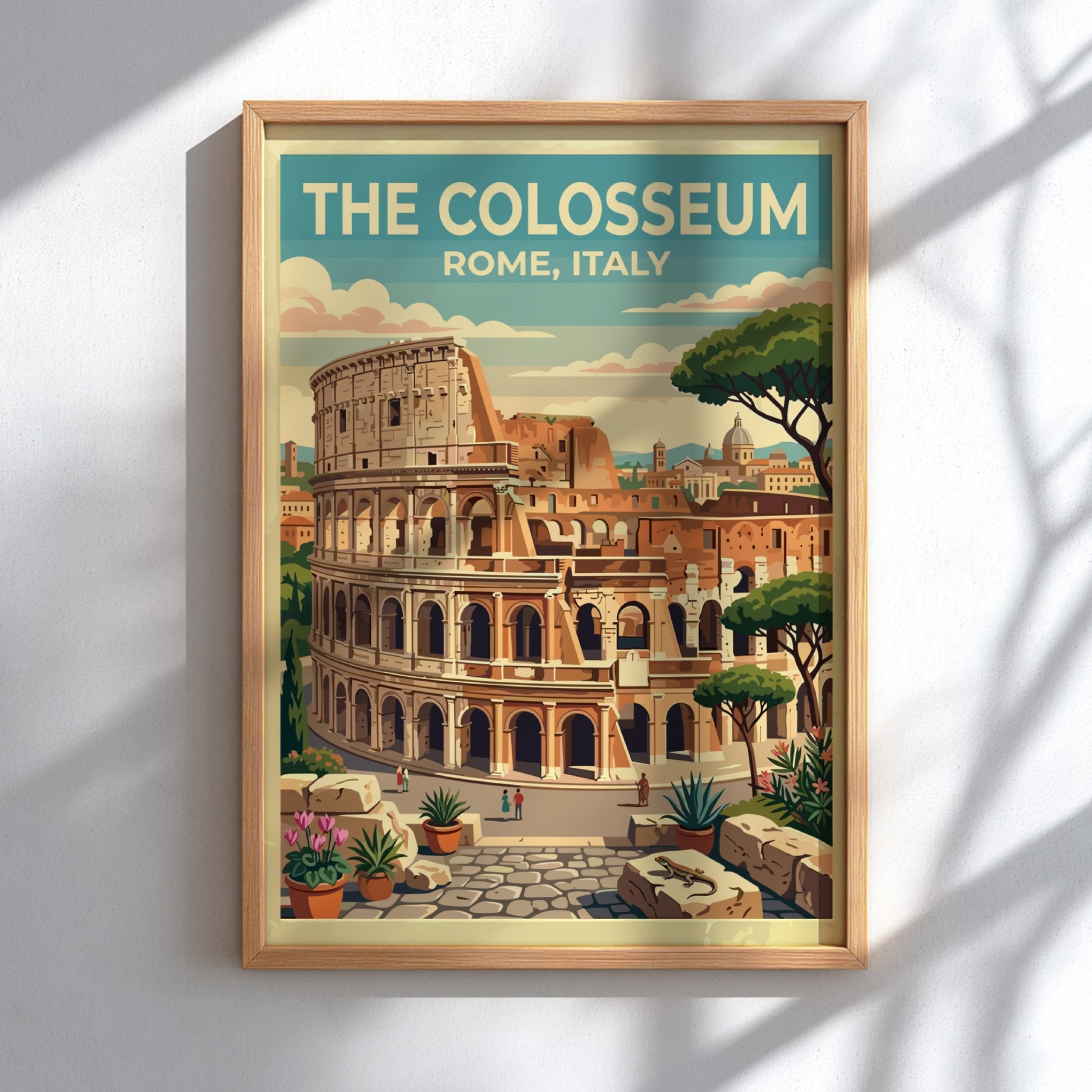 Colosseum Rome travel poster featuring vintage style and warm colors