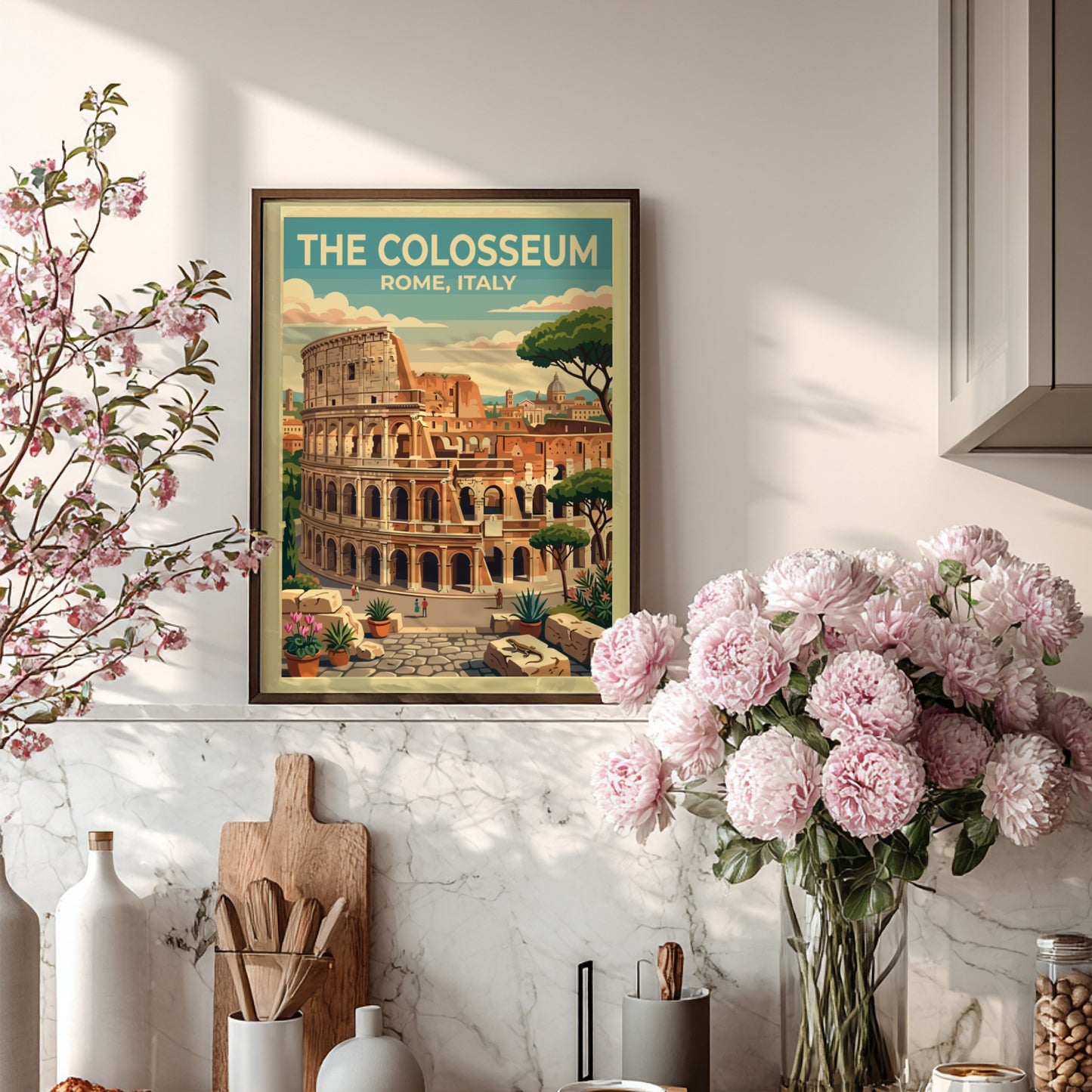 Colosseum Rome travel poster featuring vintage style and warm colors