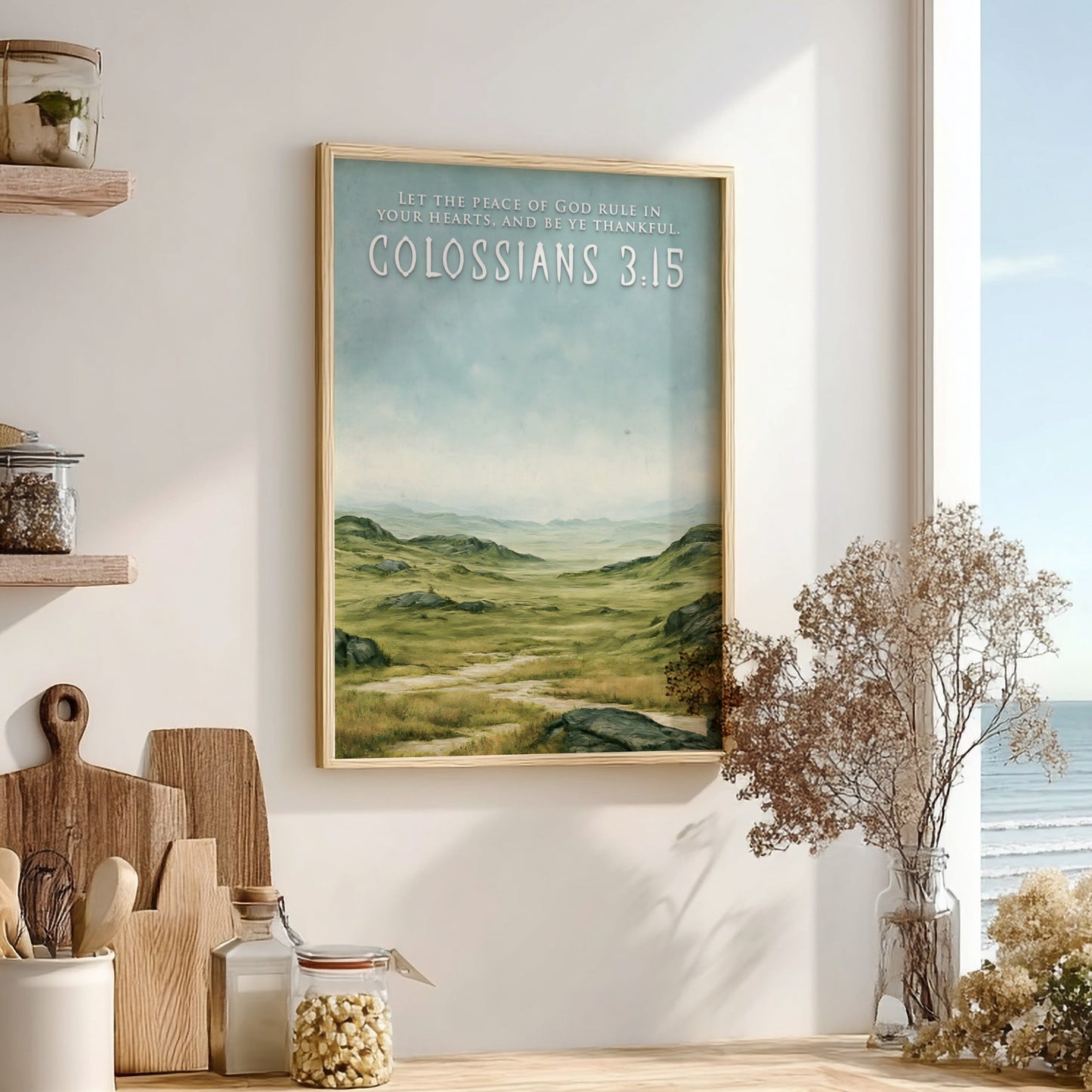 Poster featuring a serene green pastoral landscape with Colossians 3:15 text in white.