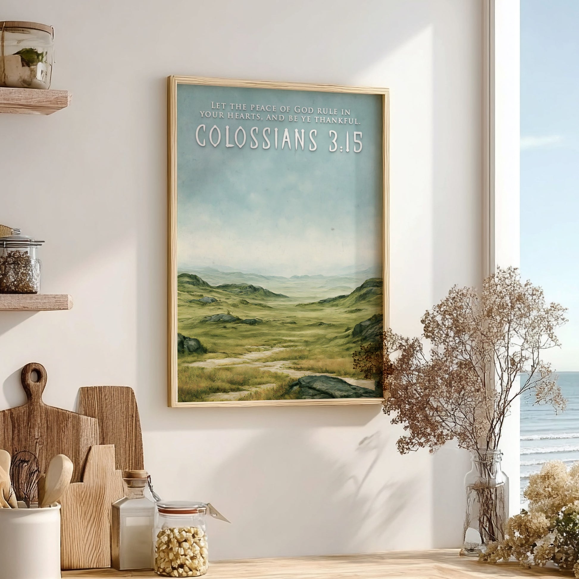 Poster featuring a serene green pastoral landscape with Colossians 3:15 text in white.