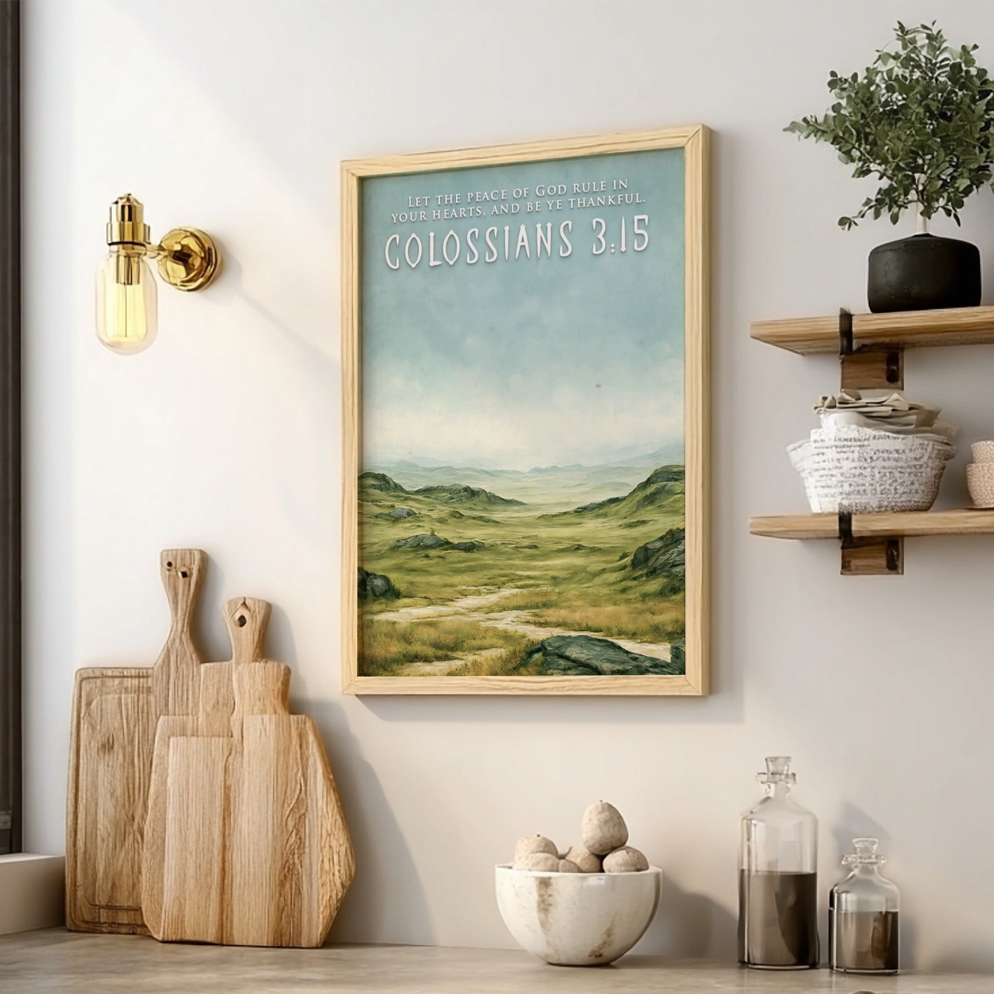 Poster featuring a serene green pastoral landscape with Colossians 3:15 text in white.