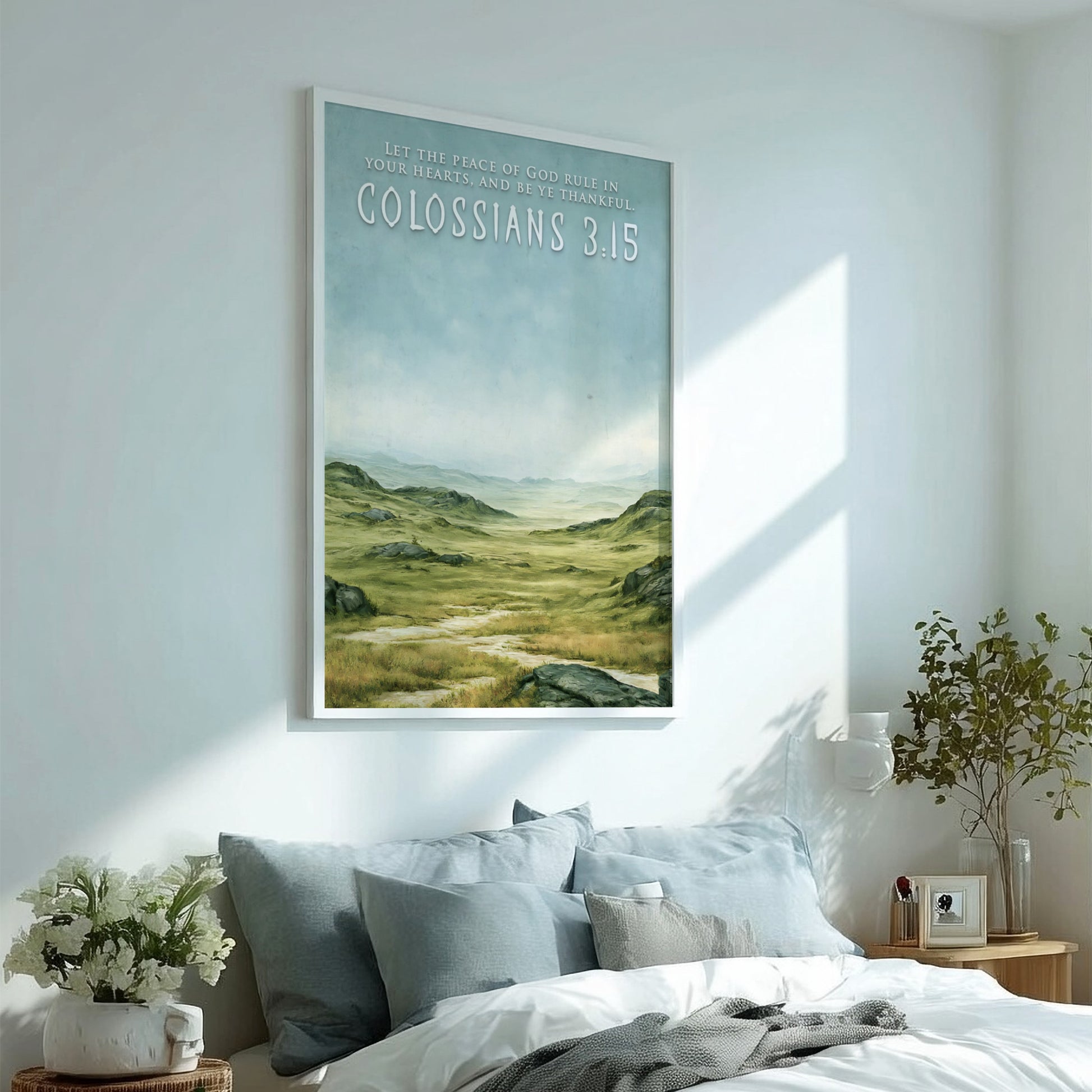 Poster featuring a serene green pastoral landscape with Colossians 3:15 text in white.