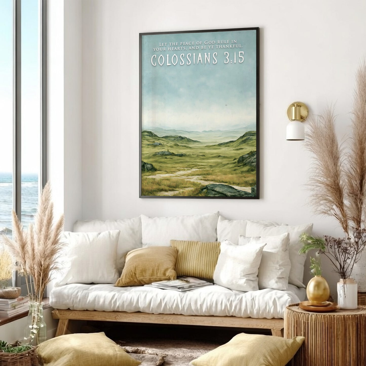Poster featuring a serene green pastoral landscape with Colossians 3:15 text in white.