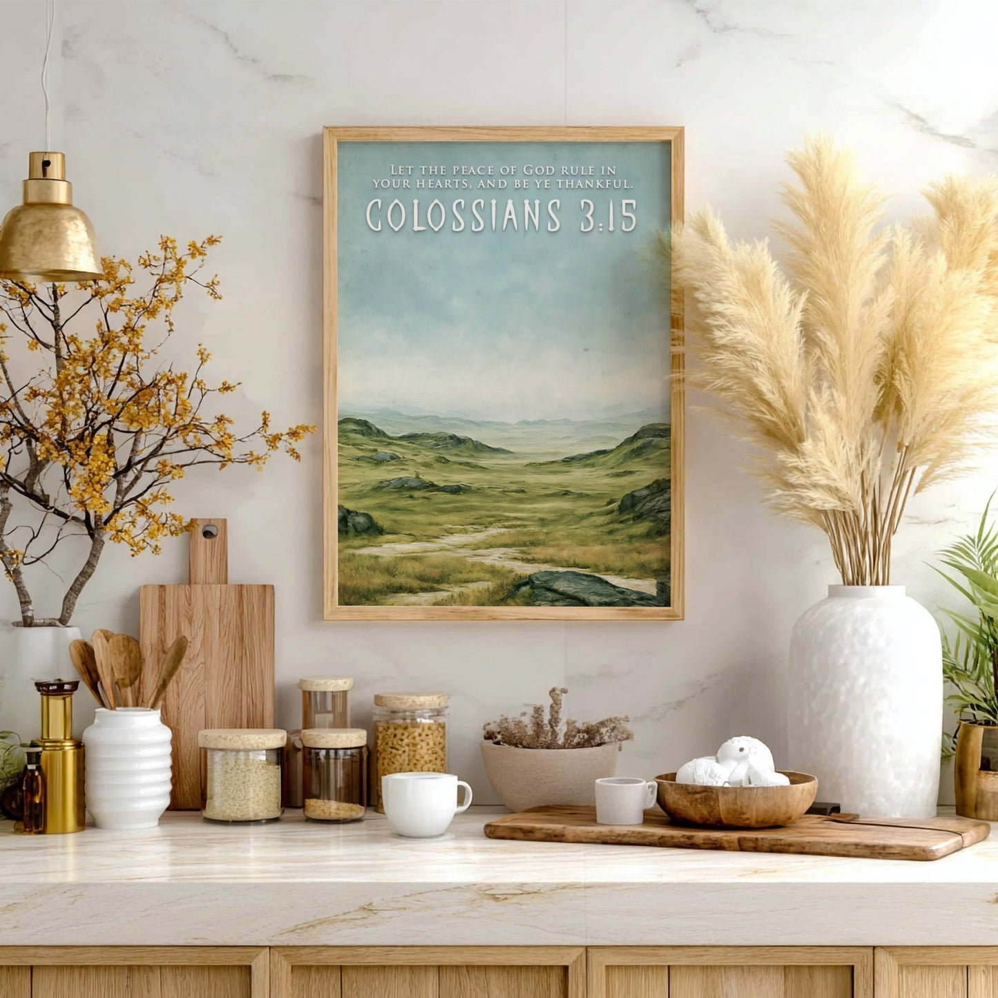 Poster featuring a serene green pastoral landscape with Colossians 3:15 text in white.