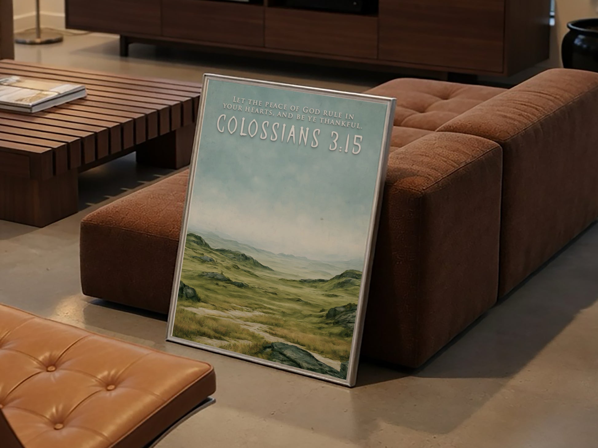 Poster featuring a serene green pastoral landscape with Colossians 3:15 text in white.
