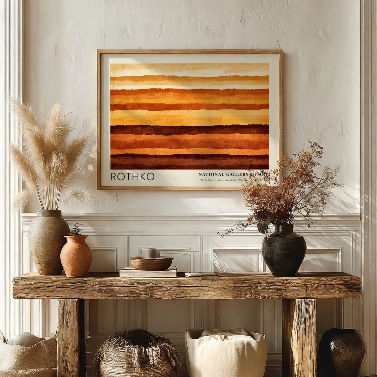 Wall art poster featuring Mark Rothko abstract horizontal layers in warm orange brown tones.