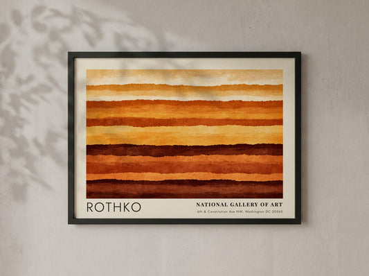 Wall art poster featuring Mark Rothko abstract horizontal layers in warm orange brown tones.