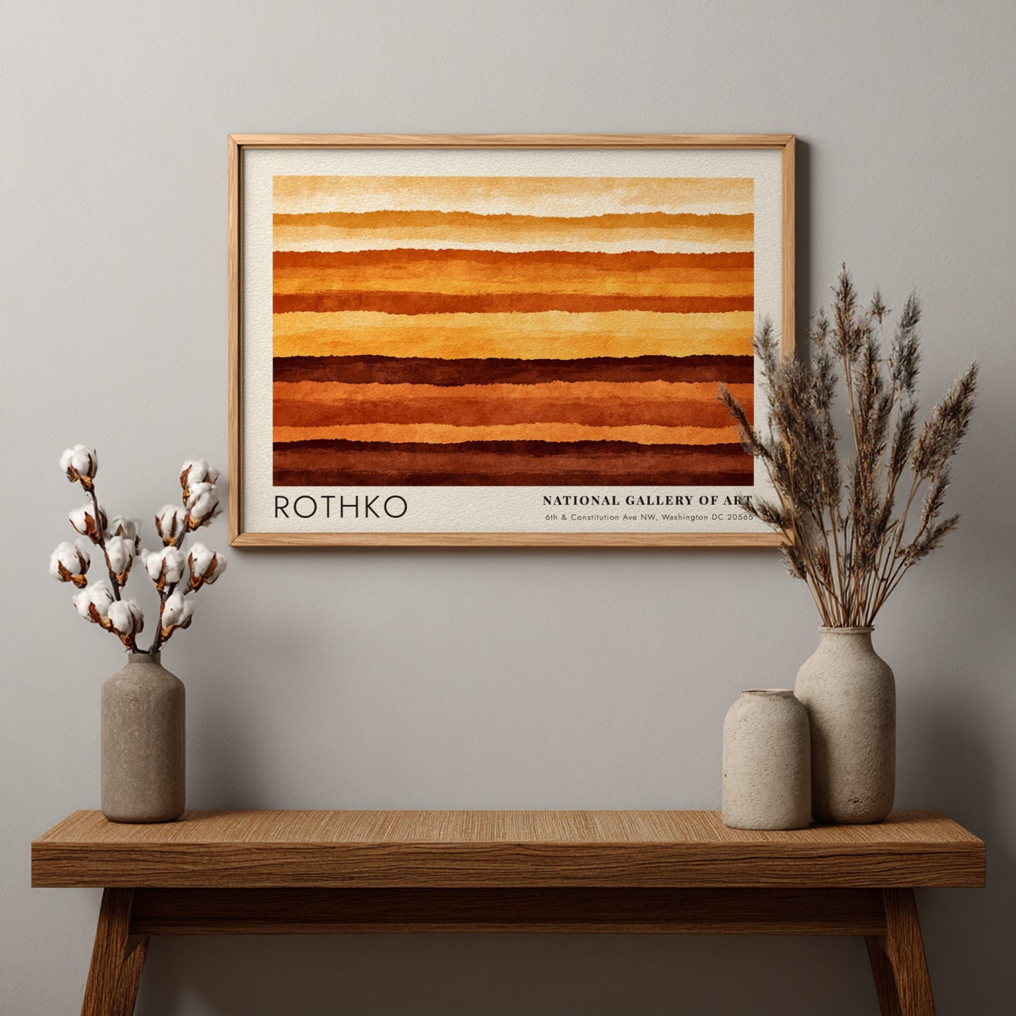 Wall art poster featuring Mark Rothko abstract horizontal layers in warm orange brown tones.