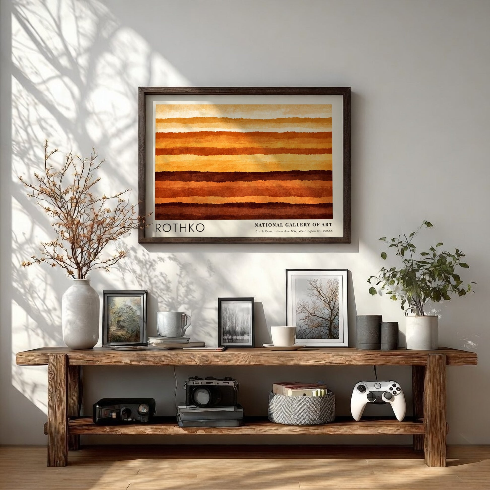 Wall art poster featuring Mark Rothko abstract horizontal layers in warm orange brown tones.