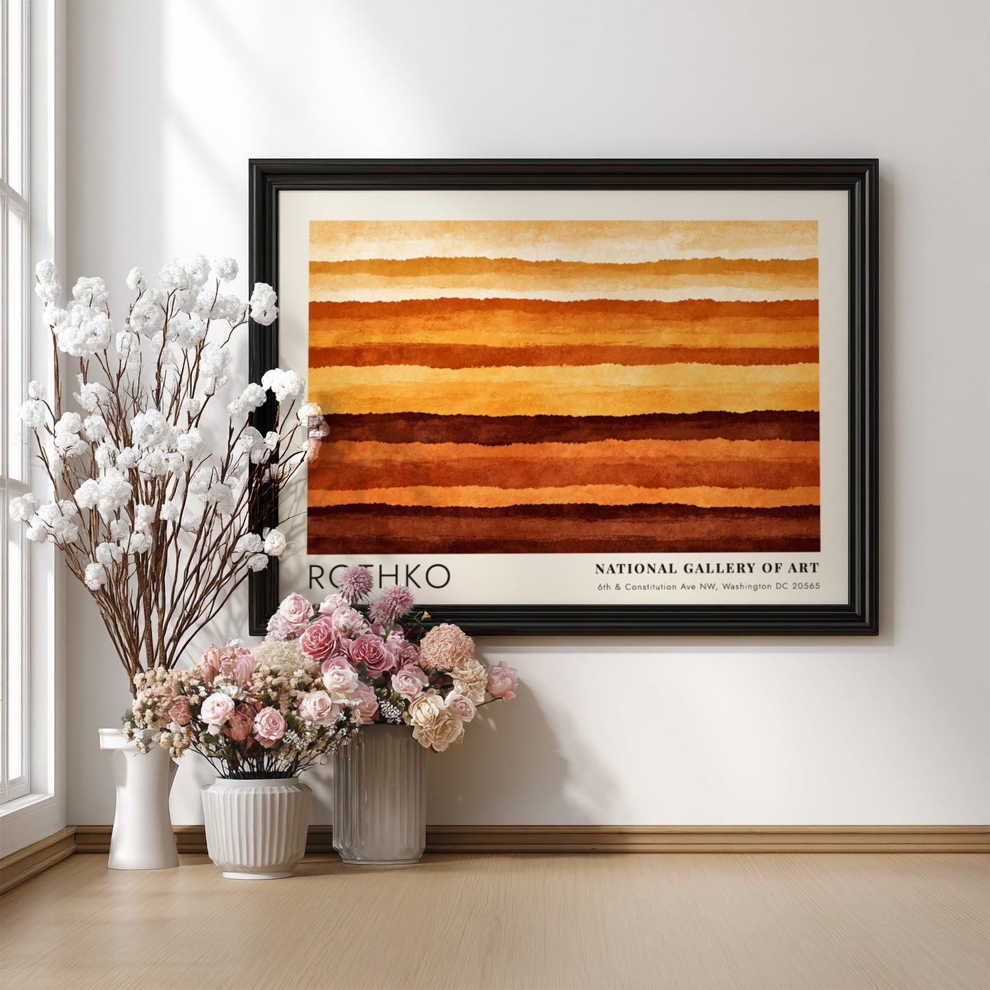 Wall art poster featuring Mark Rothko abstract horizontal layers in warm orange brown tones.