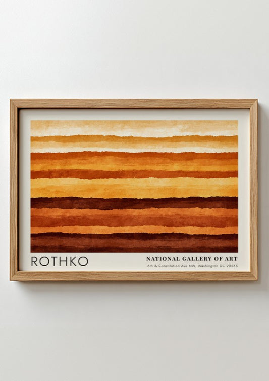 Wall art poster featuring Mark Rothko abstract horizontal layers in warm orange brown tones.
