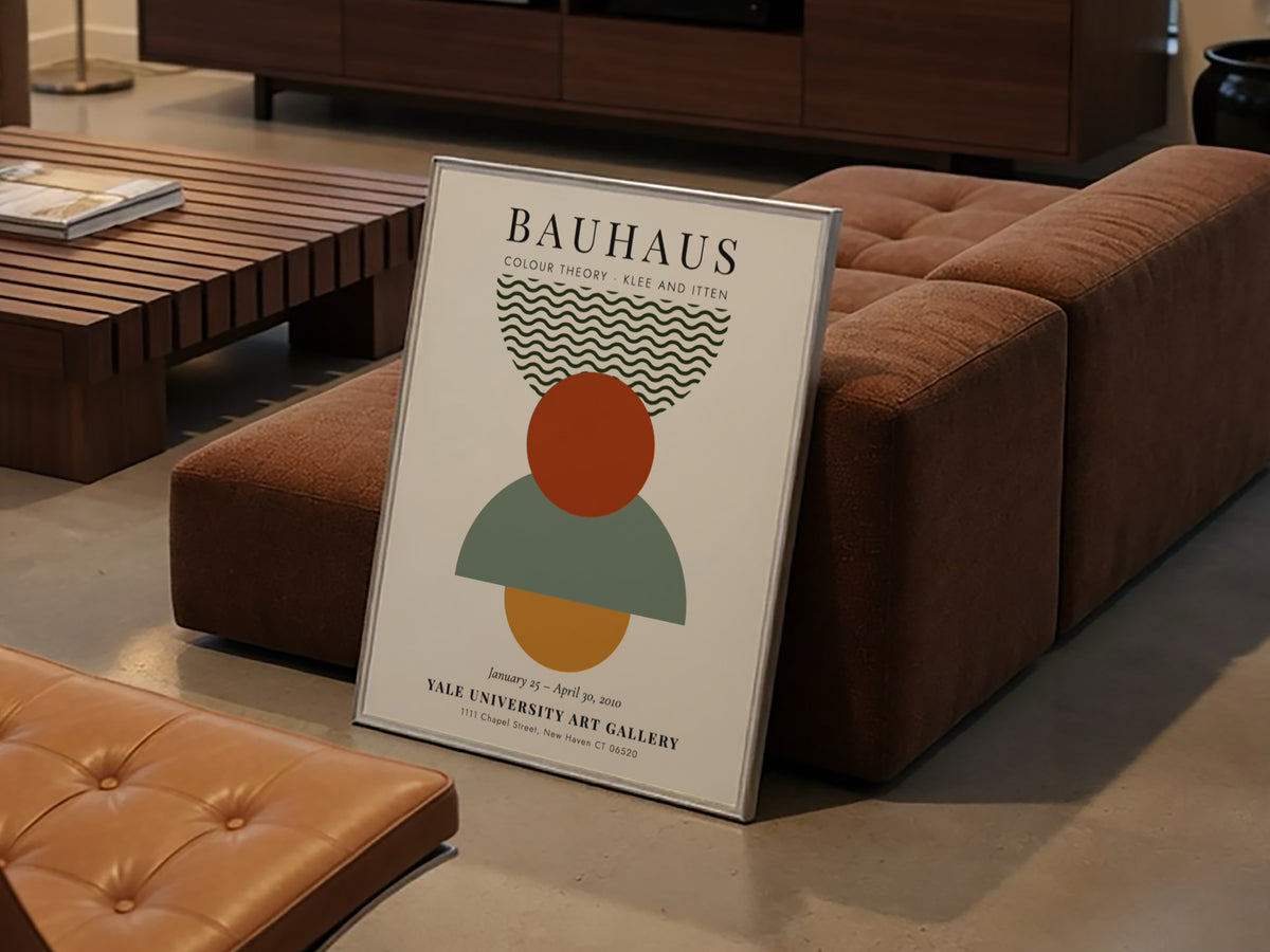 Bauhaus poster featuring colour theory with geometric shapes and earthy tones