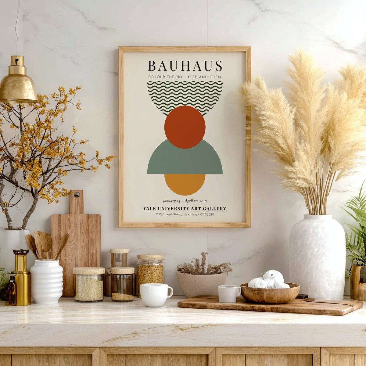 Bauhaus poster featuring colour theory with geometric shapes and earthy tones