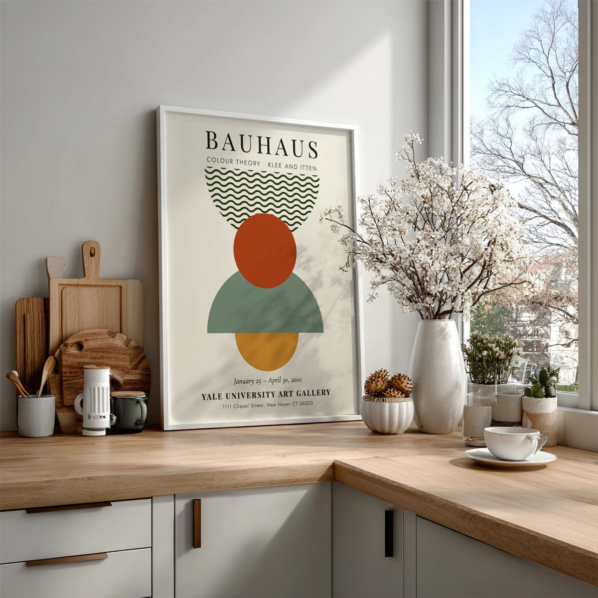 Bauhaus poster featuring colour theory with geometric shapes and earthy tones