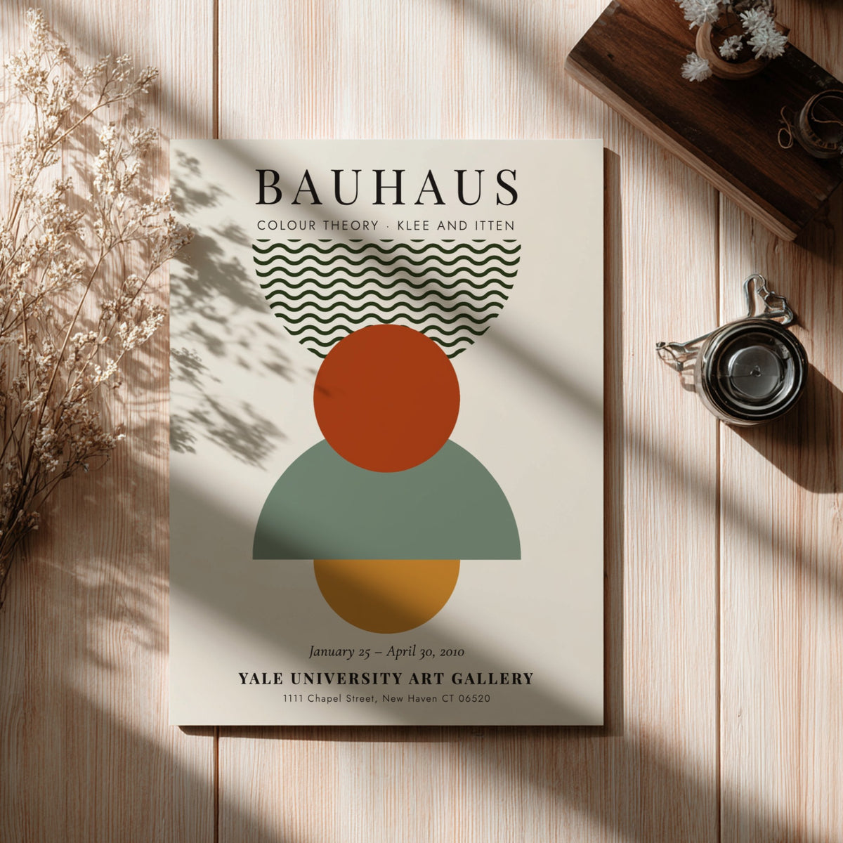 Bauhaus poster featuring colour theory with geometric shapes and earthy tones