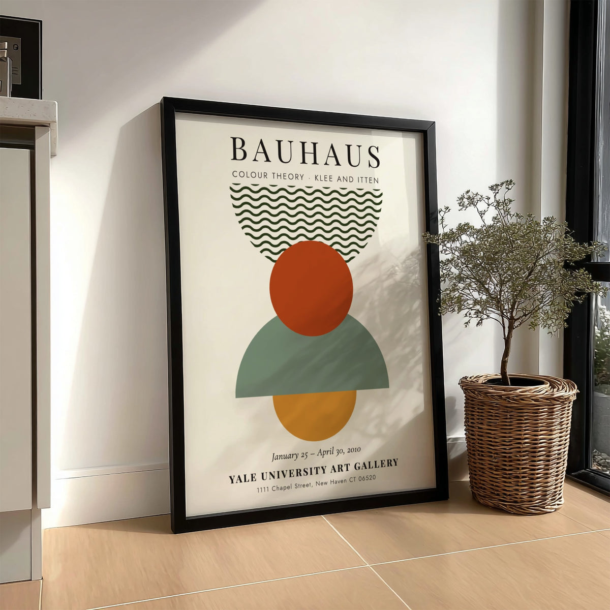 Bauhaus poster featuring colour theory with geometric shapes and earthy tones