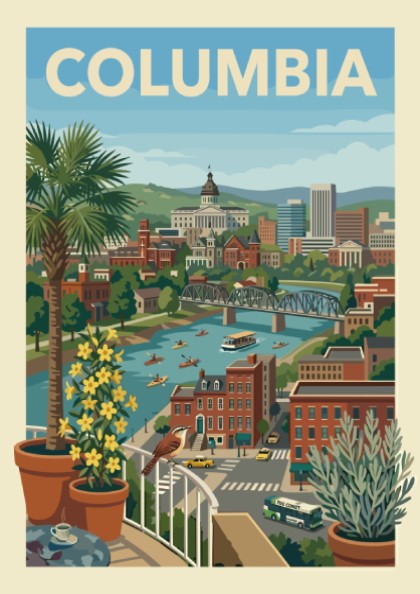Vintage travel art print of the Columbia cityscape, featuring a river, bridge, and buildings in a warm color