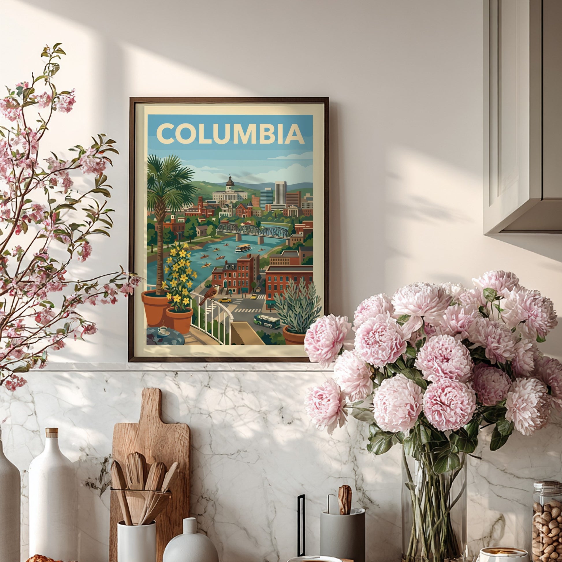 Vintage travel art print of the Columbia cityscape, featuring a river, bridge, and buildings in a warm color