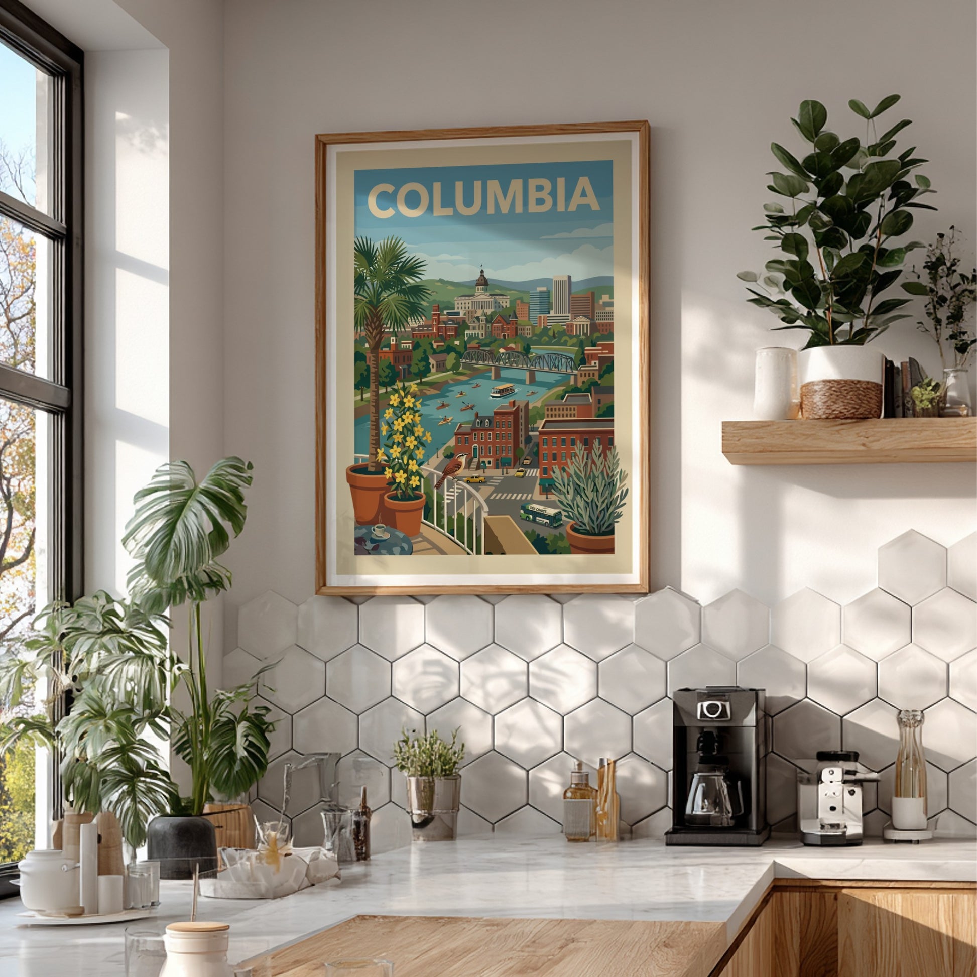 Vintage travel art print of the Columbia cityscape, featuring a river, bridge, and buildings in a warm color