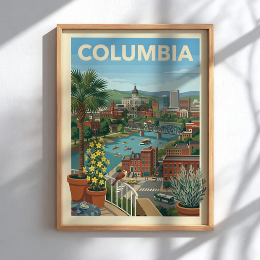 Vintage travel art print of the Columbia cityscape, featuring a river, bridge, and buildings in a warm color