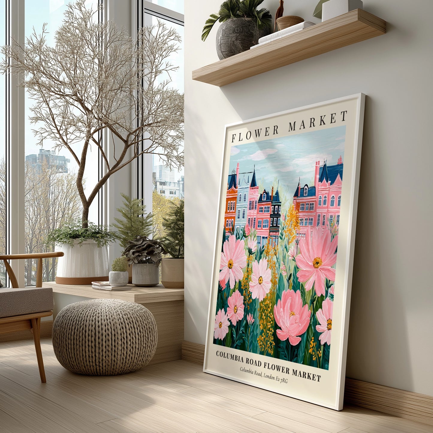 Columbia Road Flower Market print featuring pink flowers and colorful townhouses in a whimsical style